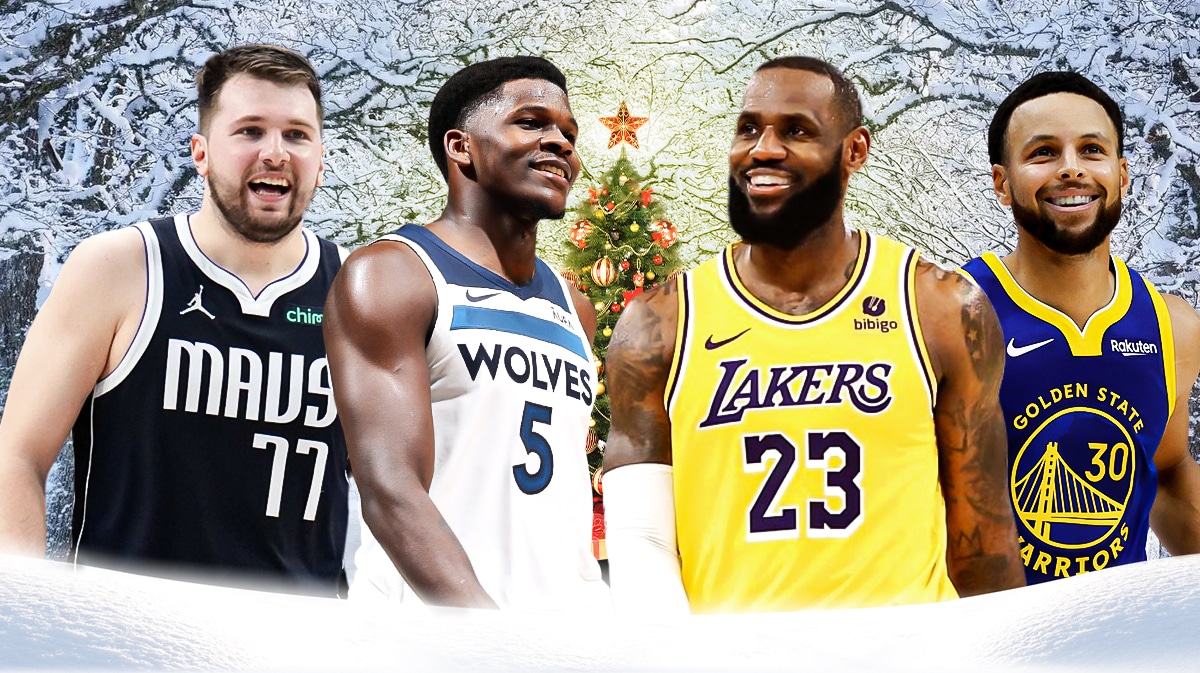 Mavericks Luka Doncic, Timberwolves Anthony Edwards, Lakers LeBron James and Warriors Stephen Curry all in image. Make the background snow/winter and place a Christmas tree in the middle of image.