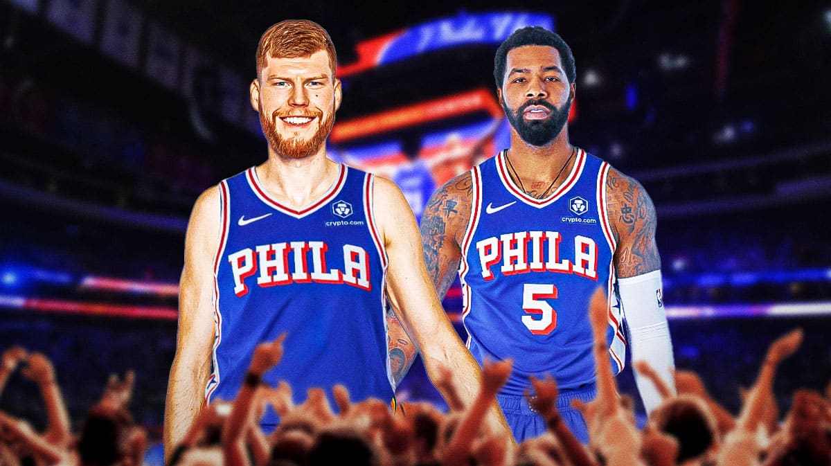 Davis Bertans and Marcus Morris in 76ers jersey