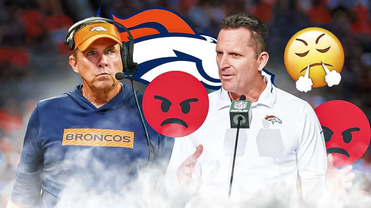 Broncos HC Sean Payton and GM George Paton with angry 🤬😤 emojis around them both with a Broncos logo