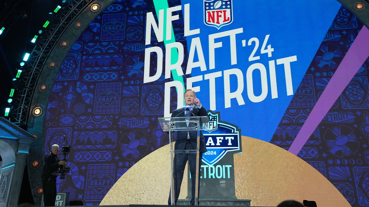 Apr 25, 2024; Detroit, MI, USA; NFL commissioner Roger Goodell speaks during the 2024 NFL Draft at Campus Martius Park and Hart Plaza. Mandatory Credit: Kirby Lee-USA TODAY Sports