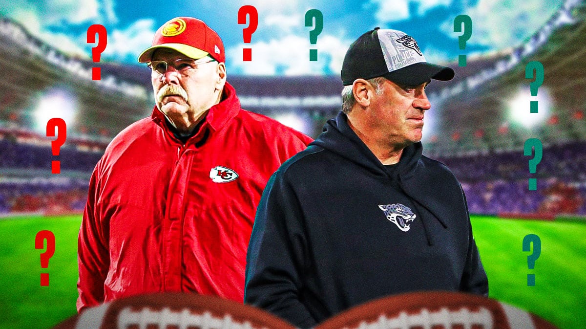 Doug Pederson, Andy Reid surrounded by question marks with a teal/red football field background.