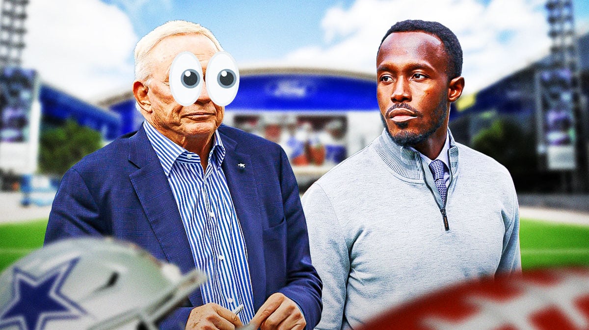 Jerry Jones looks at Vikings GM Kwesi Adofo-Mensah with bulging eyes