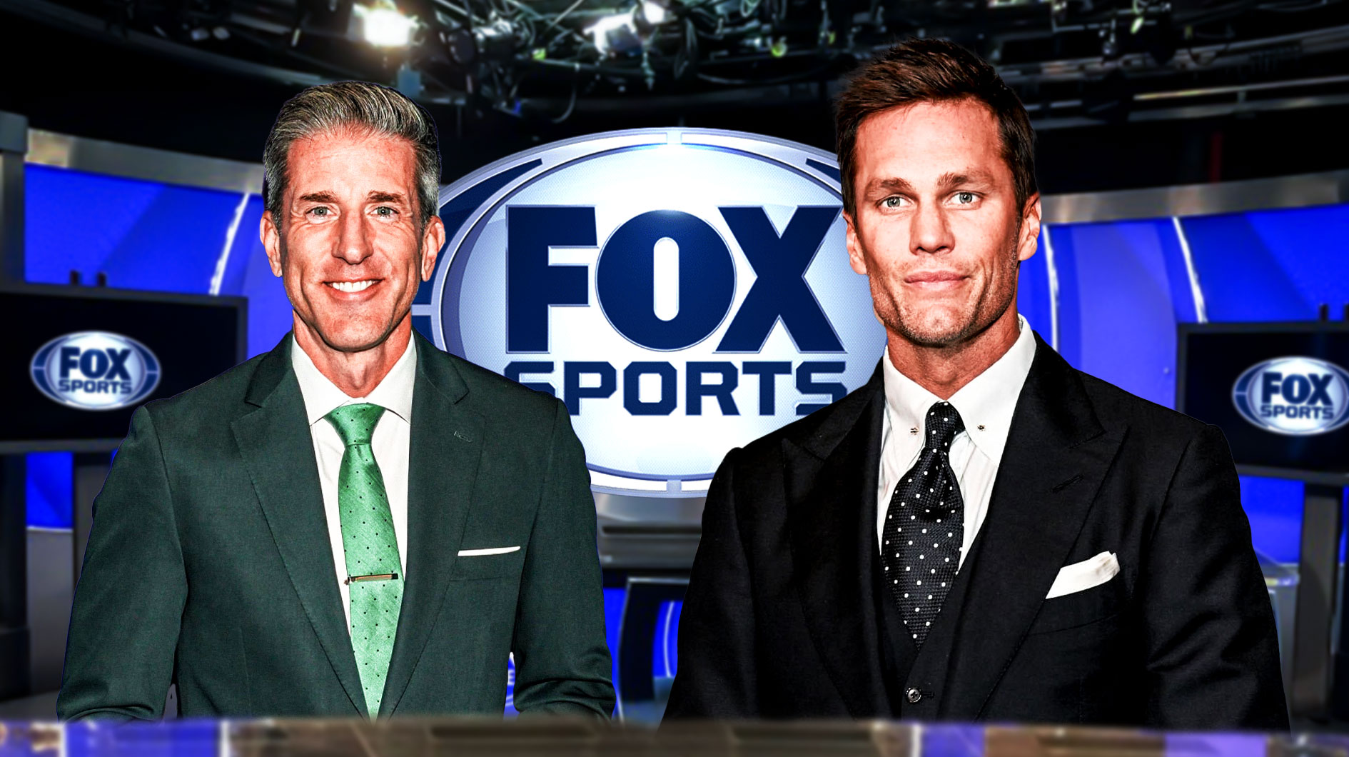 Tom Brady (in a suit) and Kevin Burkhardt in front of a big "FOX Sports" logo