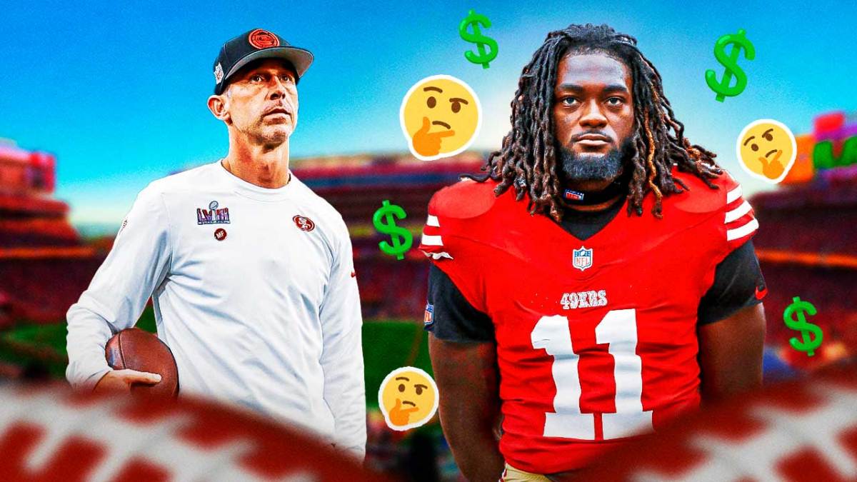 Kyle Shanahan and Brandon Aiyuk surrounded by dollar signs and hmm emojis.