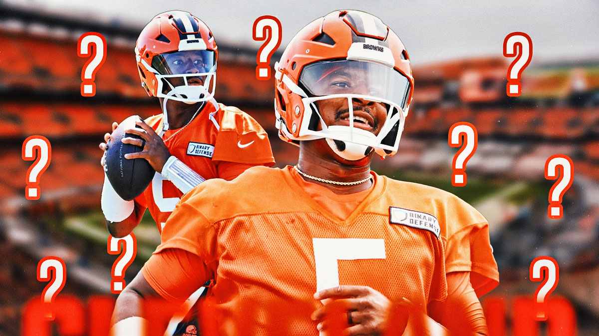 Jameis Winston surrounded by question marks with a Browns-themed bg.