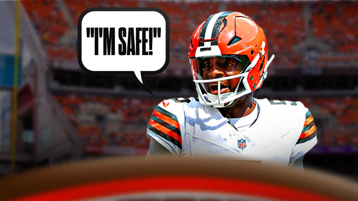 Jameis Winston with a speech bubble saying, "I'm safe!" featuring a Browns-themed BG.