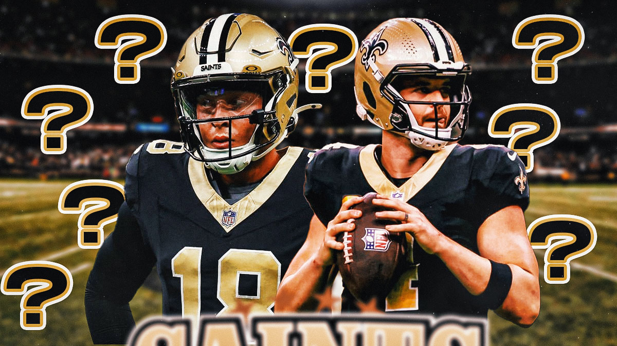 Spencer Rattler and Derek Carr are surrounded by question marks with a Saints-themed bg.
