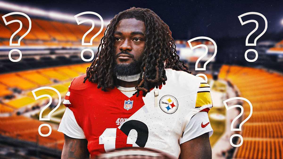 Brandon Aiyuk in a San Francisco 49ers and Pittsburgh Steelers jersey with question marks around him.