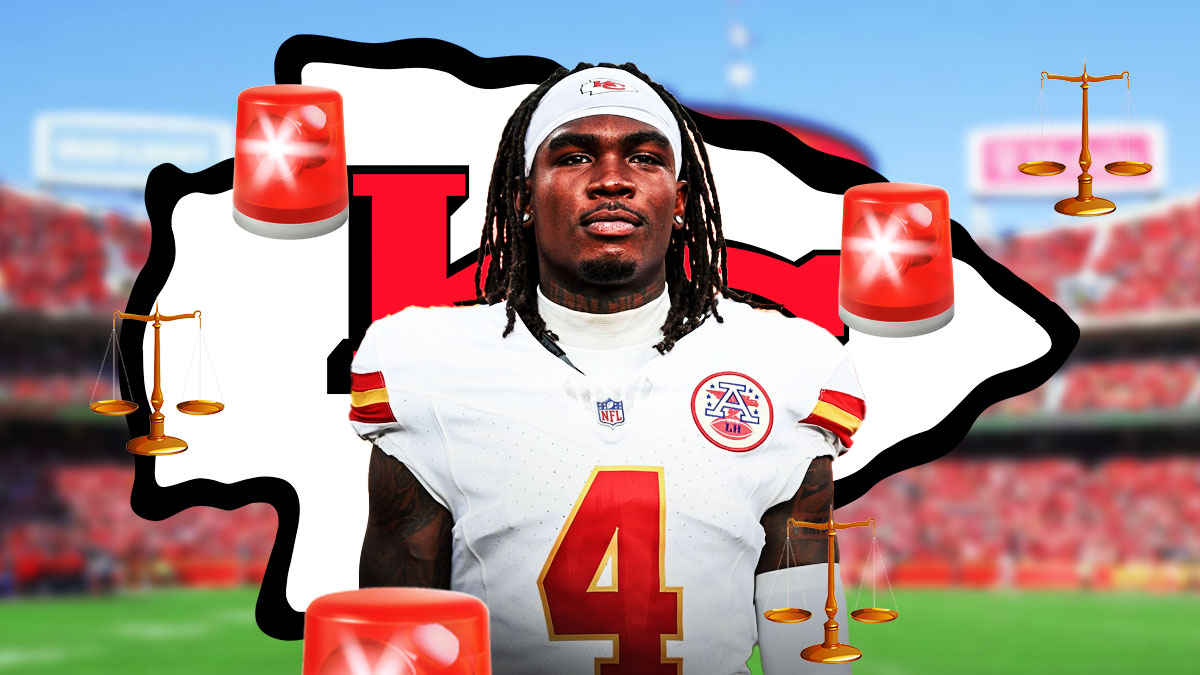 Chiefs WR Rashee Rice surrounded by sirens 🚨 and the scales of justice ⚖️ next to a big Chiefs logo