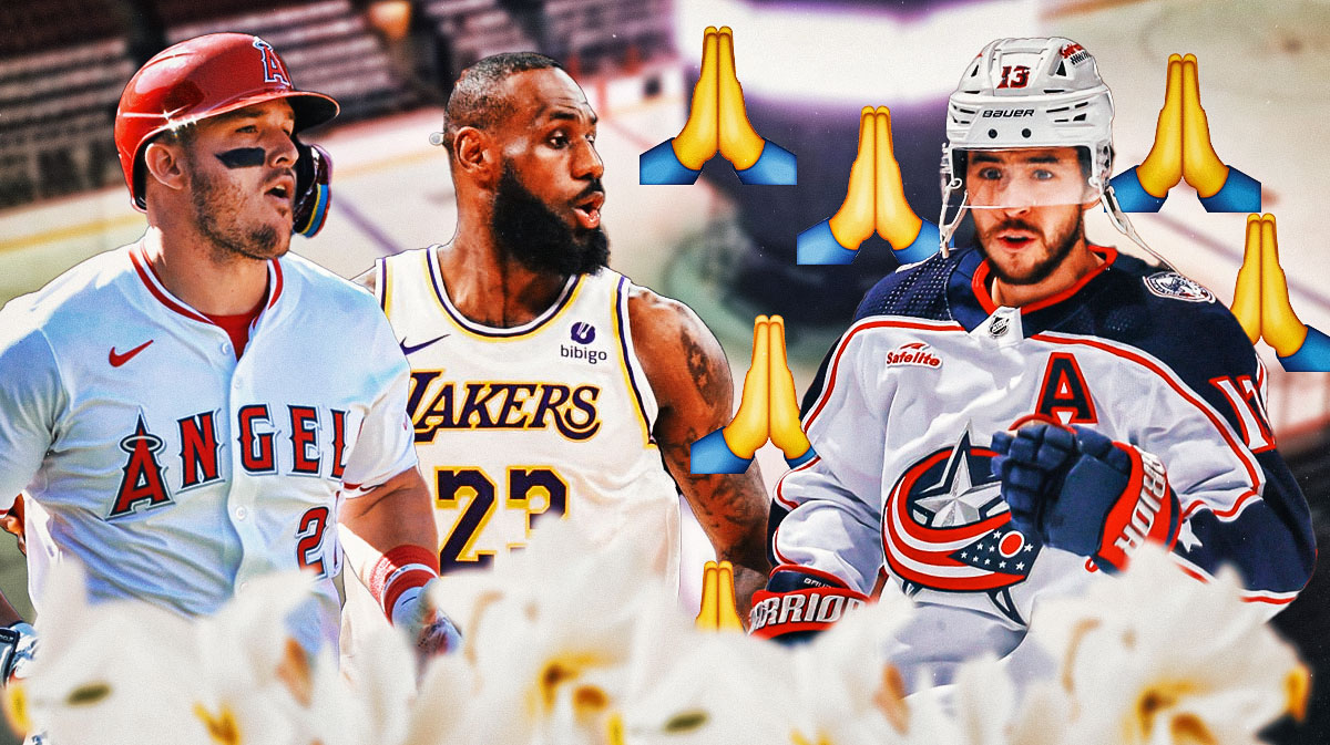 Mike Trout, LeBron James, and Johnny Gaudrea with prayer hands around him.