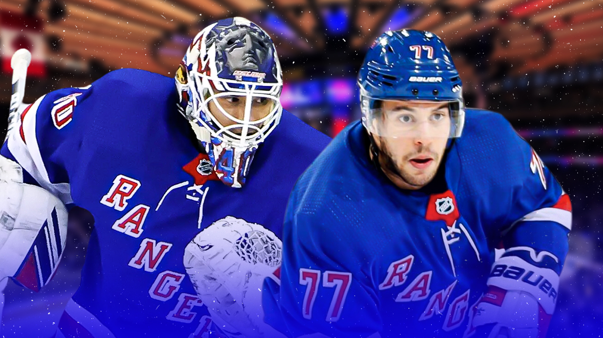 Tony DeAngelo and Alex Georgiev both in New York Rangers jerseys, hockey rink in background