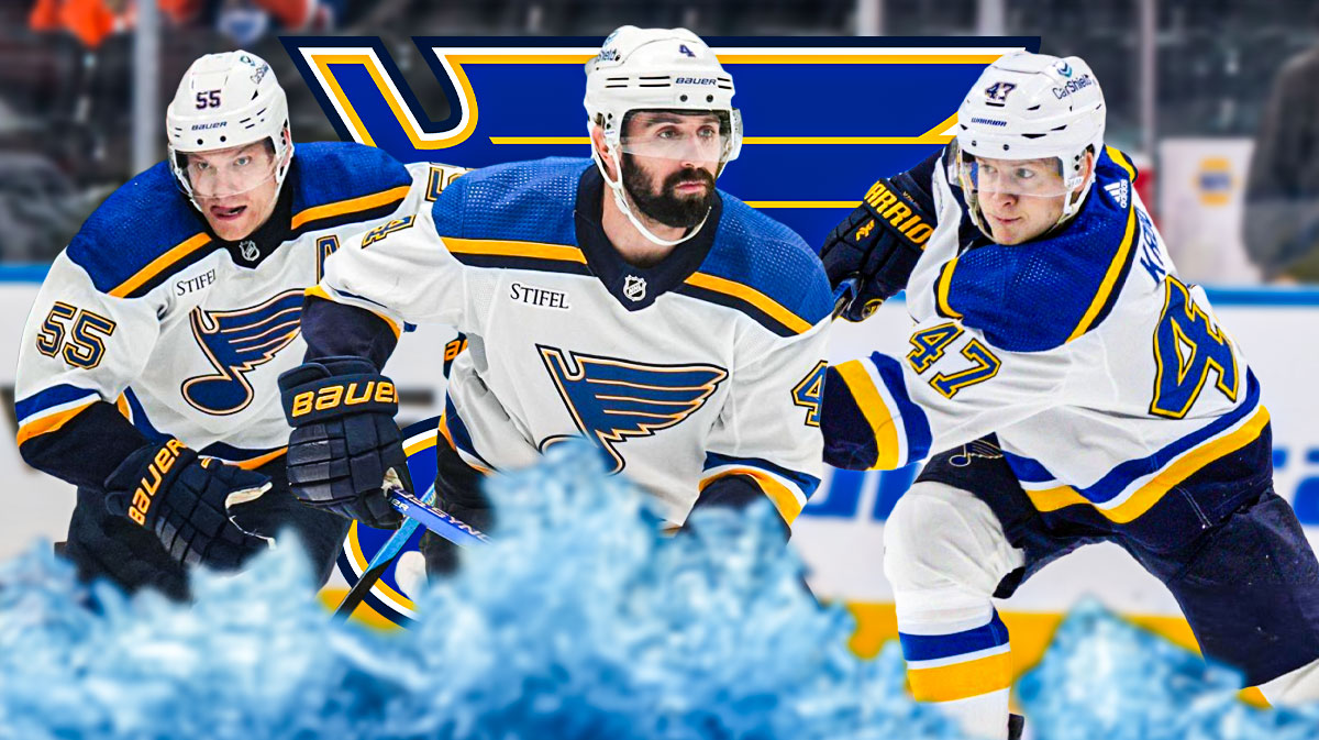 Nick Leddy, Colton Parayko, and Torey Krug in front of Blues logo