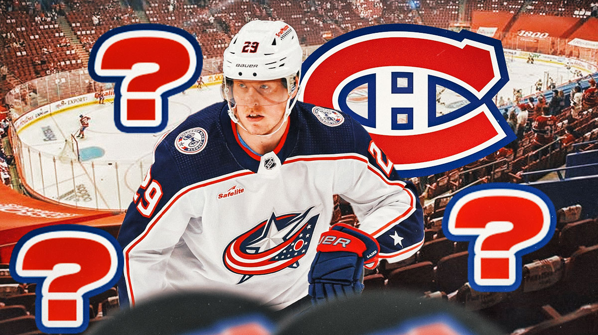 Patrik Laine in middle of image looking stern, Montreal Canadiens logo, 3-5 question marks, hockey rink in background