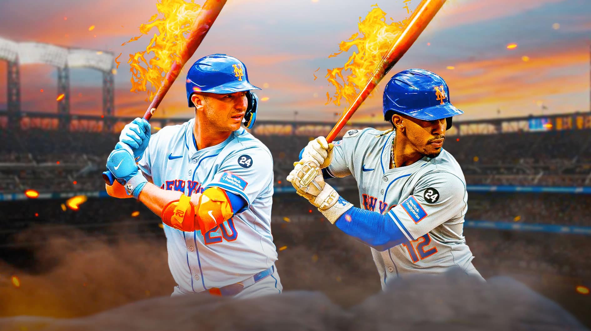 Pete Alonso batting with a bat that's on fire in a New York Mets uniform on one side and Francisco Lindor batting with a bat that's on fire on the other side with a Mets logo in the background as the Mets hot hitting set a franchise record for extra-base hits.