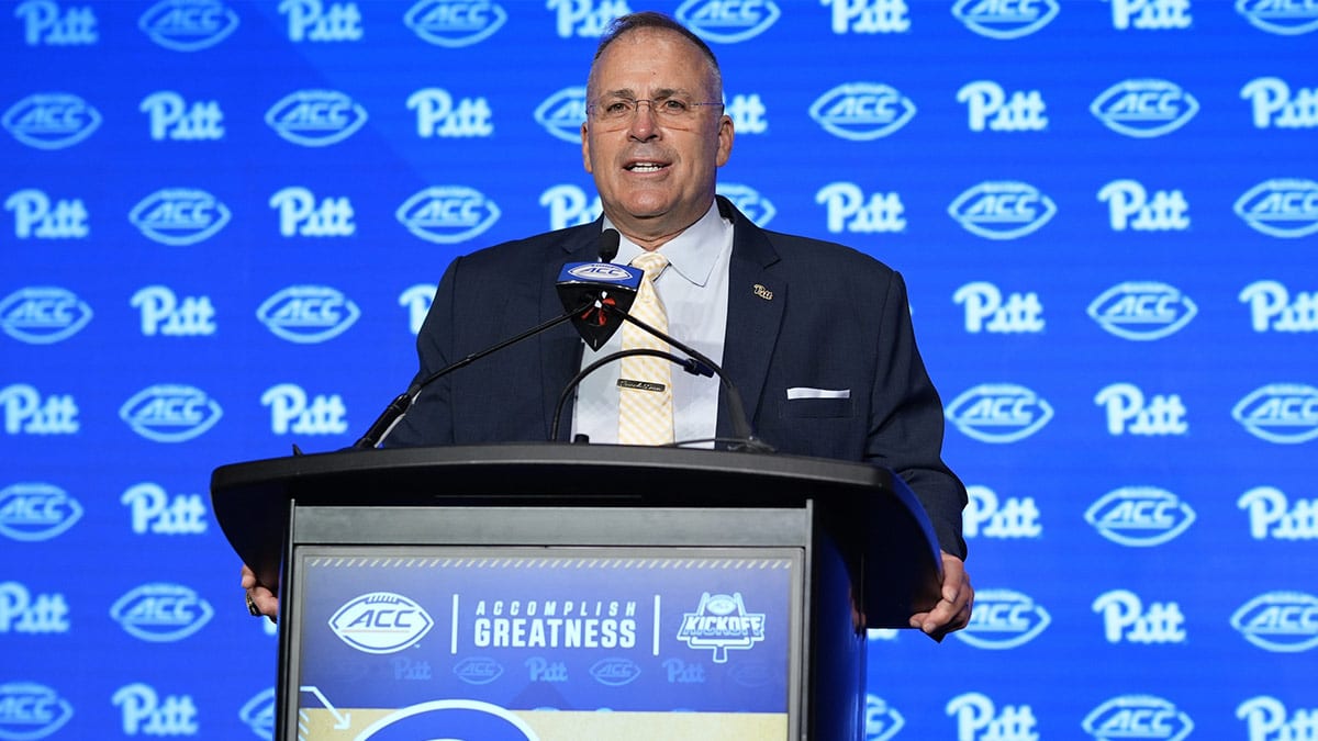 Pitt head coach Pat Narduzzi speaks to the media during the ACC Kickoff at Hilton Charlotte Uptown. 