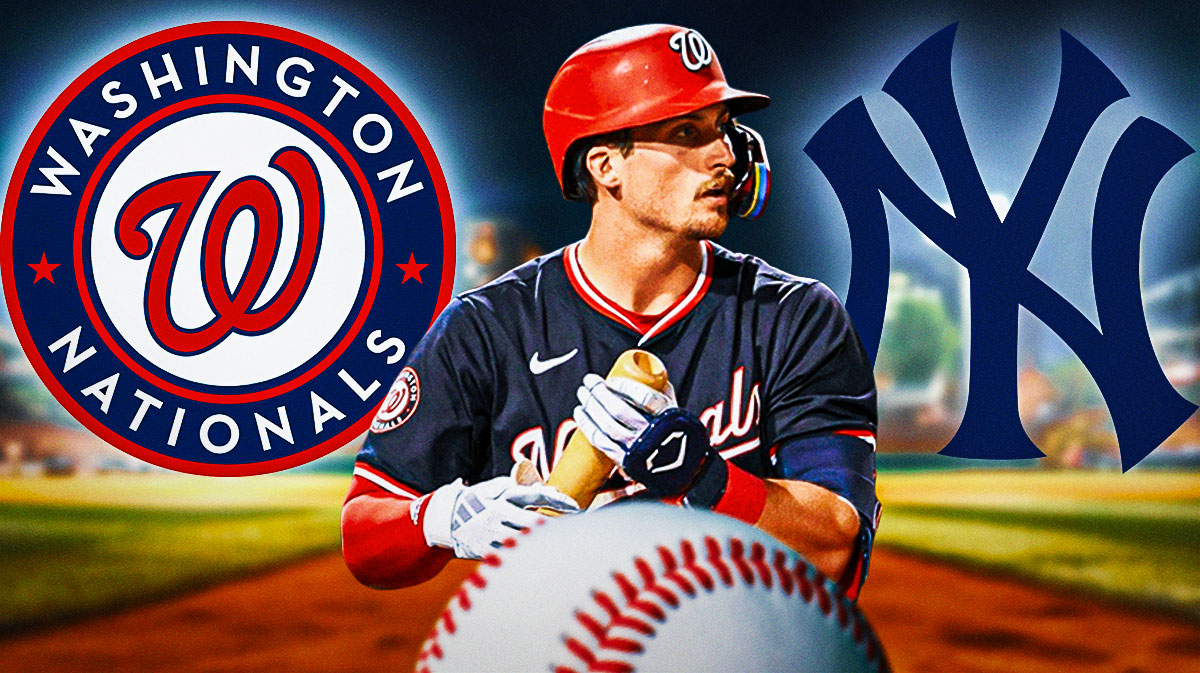 Dylan Crews in front in a Washington Nationals 2024 jersey. Place the Washington Nationals and New York Yankees 2024 logos in background.