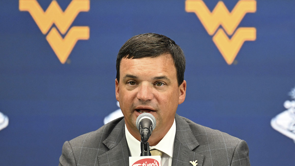 West Virginia head coach Neal Brown speaks to the media during the Big 12 Media Days at Allegiant Stadium.