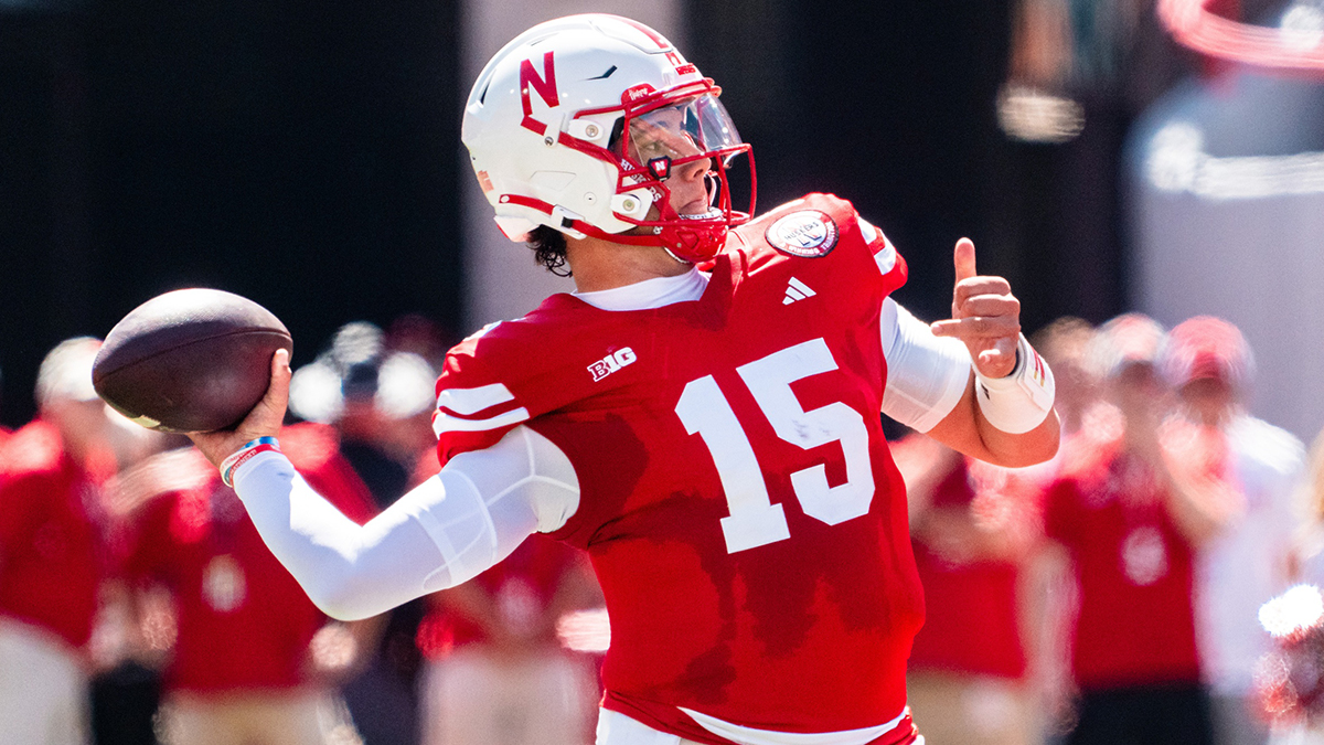 Nebraska Cornhuskers quarterback Dylan Raiola (15) throws a pass against the UTEP Miners during the first quarter at Memorial Stadium.