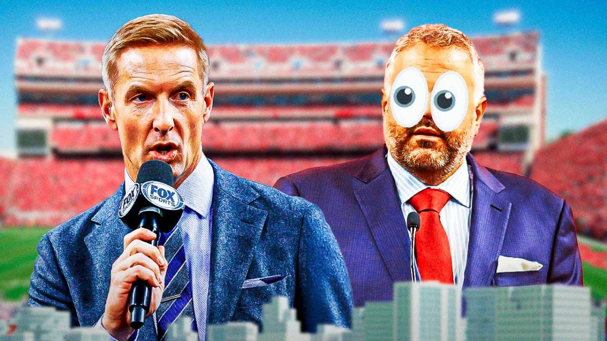 Joel Klatt on one side, Matt Rhule on the other side with the big eyes emoji over his face