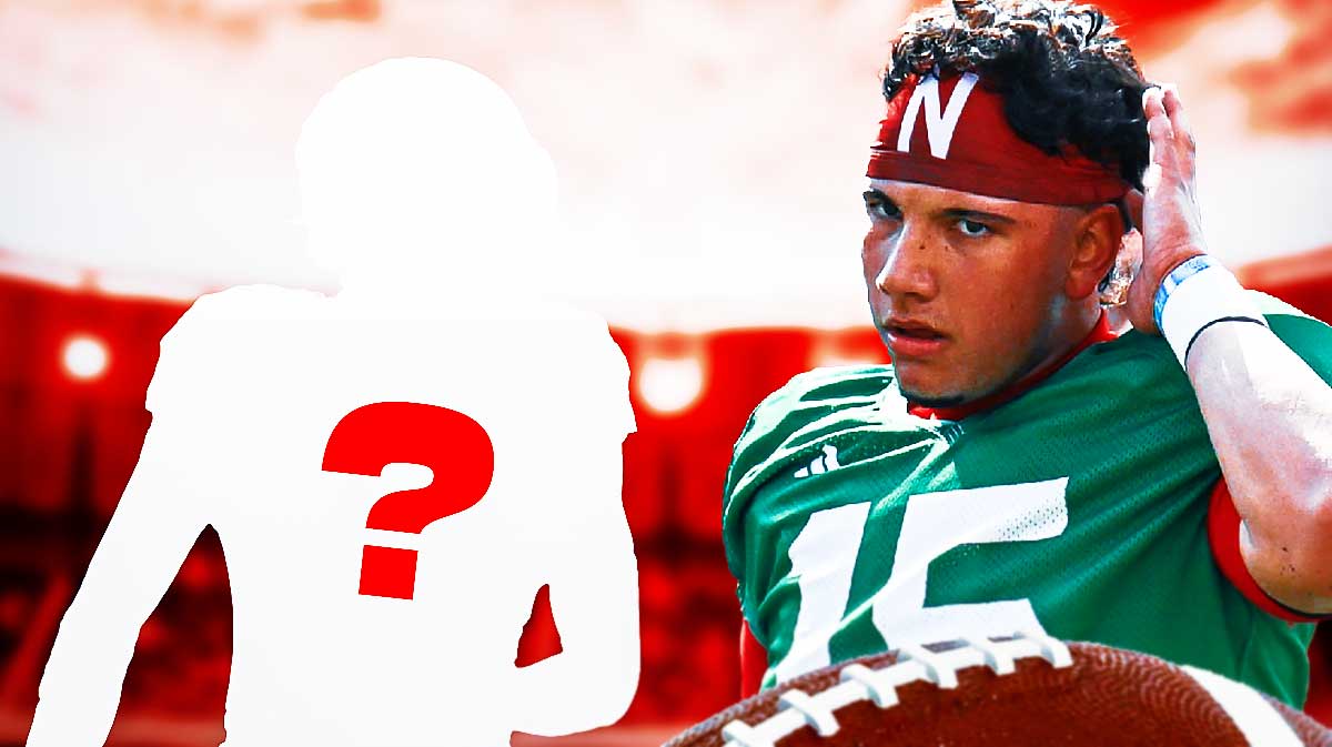 Nebraska football QB Dylan Raiola next to a silhouette of Jahmal Banks with a question mark in the silhouette.