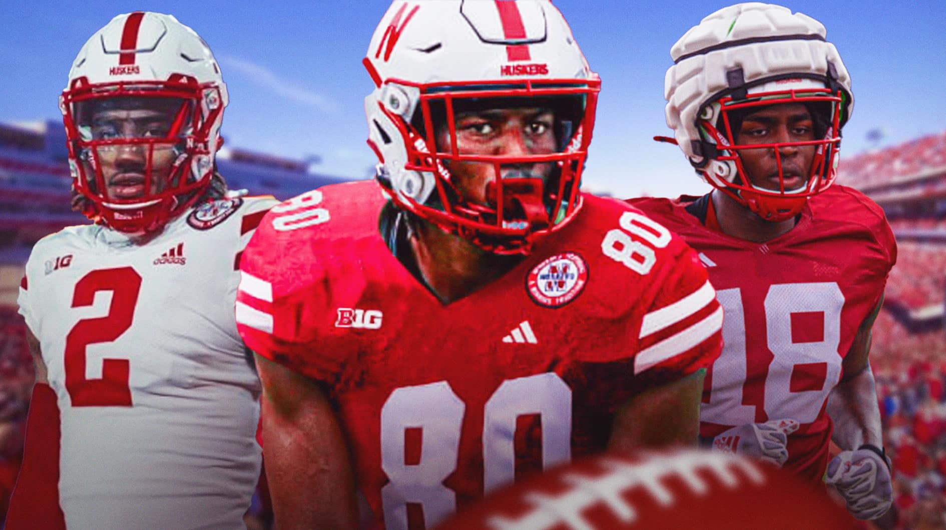 Nebraska football, Cornhuskers, Jahmal Banks, Nebraska football transfer portal, transfer portal, Dante Dowdell, Jahmal Banks and Isaiah Neyor in Nebraska unis with Nebraska football stadium in the background