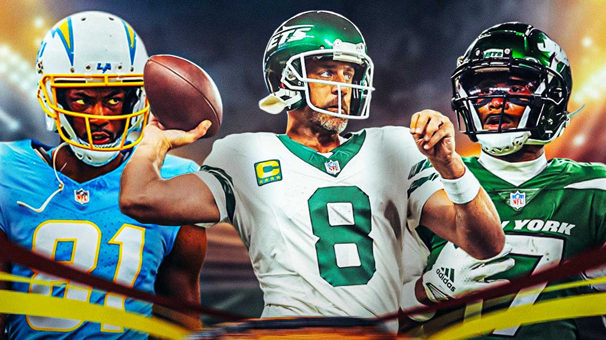 New York Jets quarterback Aaron Rodgers flanked by wide receivers Garrett Wilson and Mike Williams