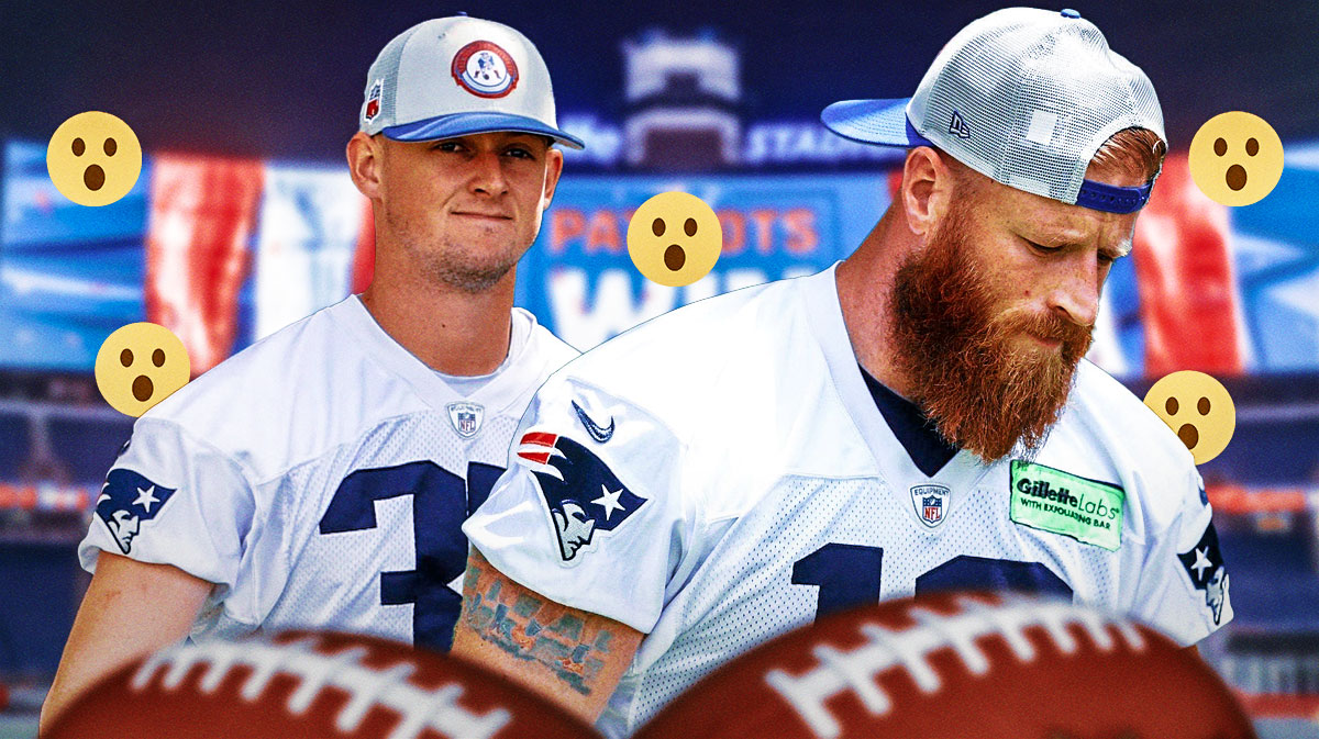 Joey Slye and Chad Ryland (both in New England Patriots jerseys if they aren't already) with a bunch of surprised emojis in the background. Patriots roster cuts