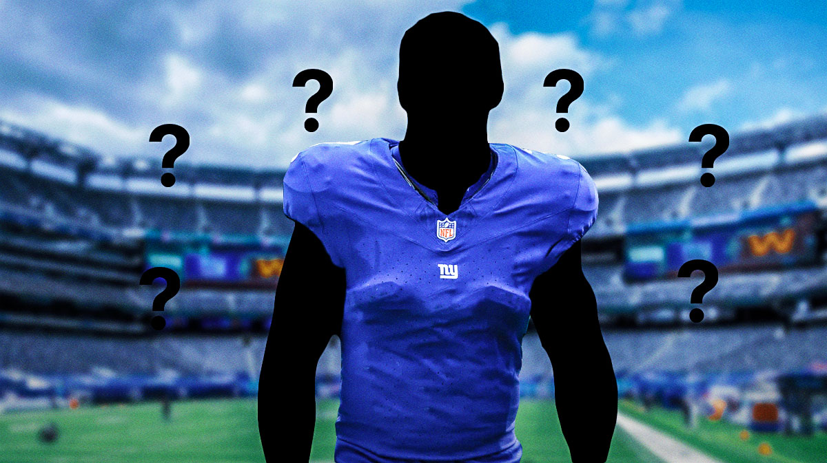 A silhouetted Giants player surrounded by question marks with a New York Giants bg.