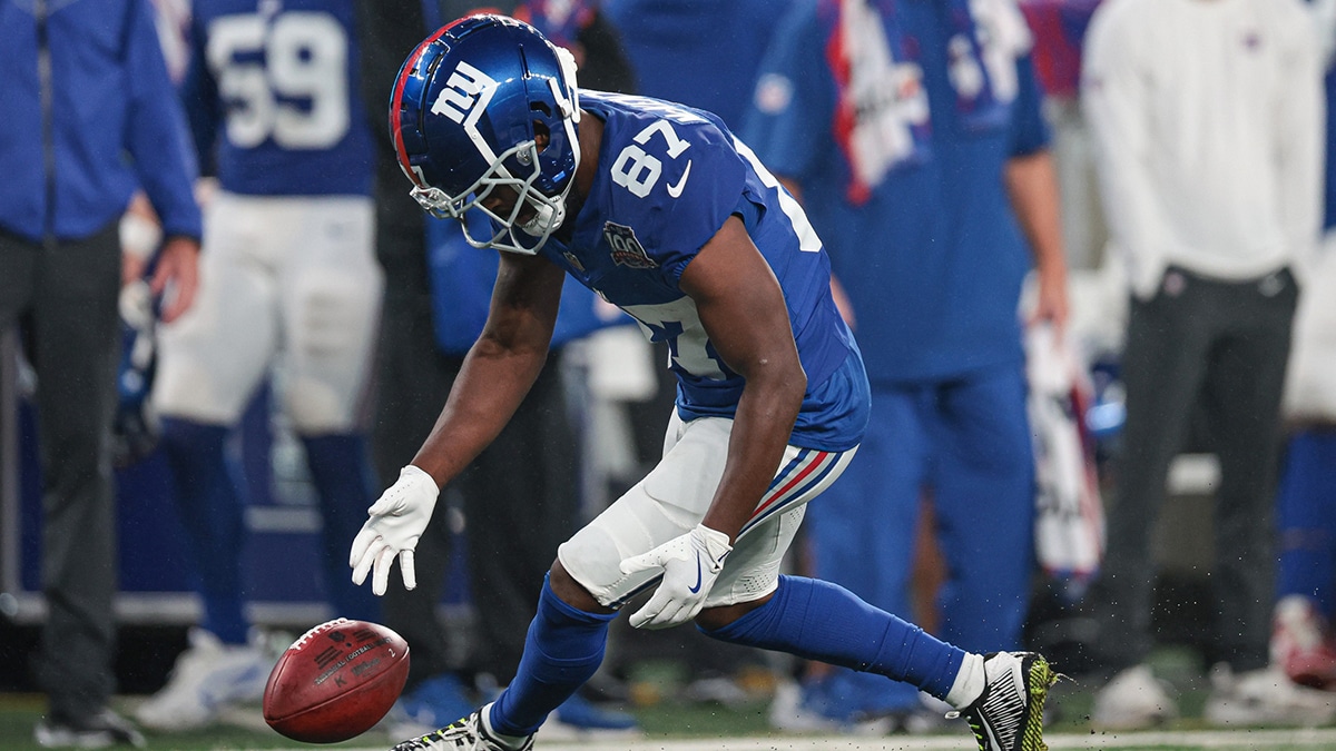 New York Giants wide receiver Isaiah McKenzie (87) fumbles a punt during the first half against the Detroit Lions at MetLife Stadium.