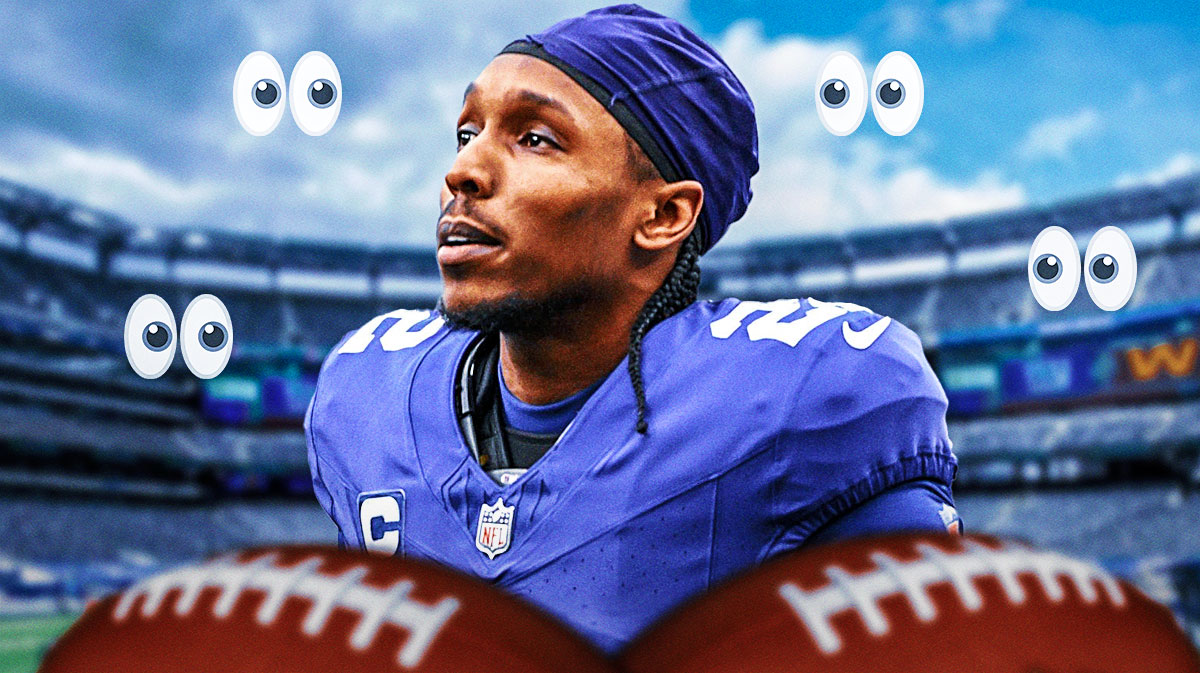Adoree' Jackson in a Giants uniform with eyes around him.