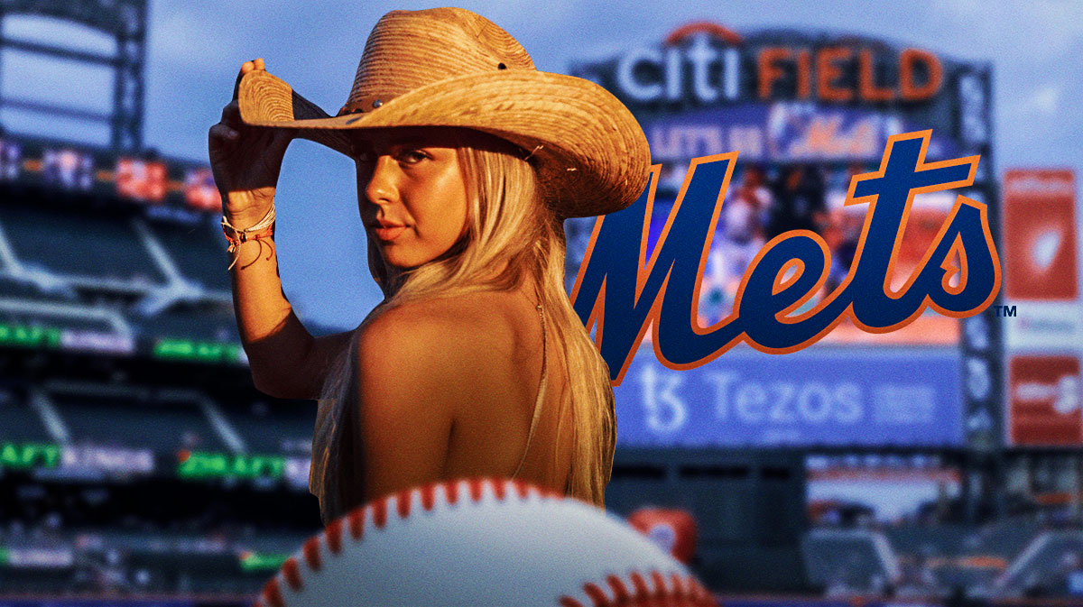 Hailey Welch (Hawk Tua girl) on left. Mets logo on right. Place Citi Field in background.