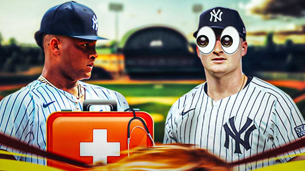 Clarke Schmidt with eyeball emojis. Luis Gil with a first aid kit next to him