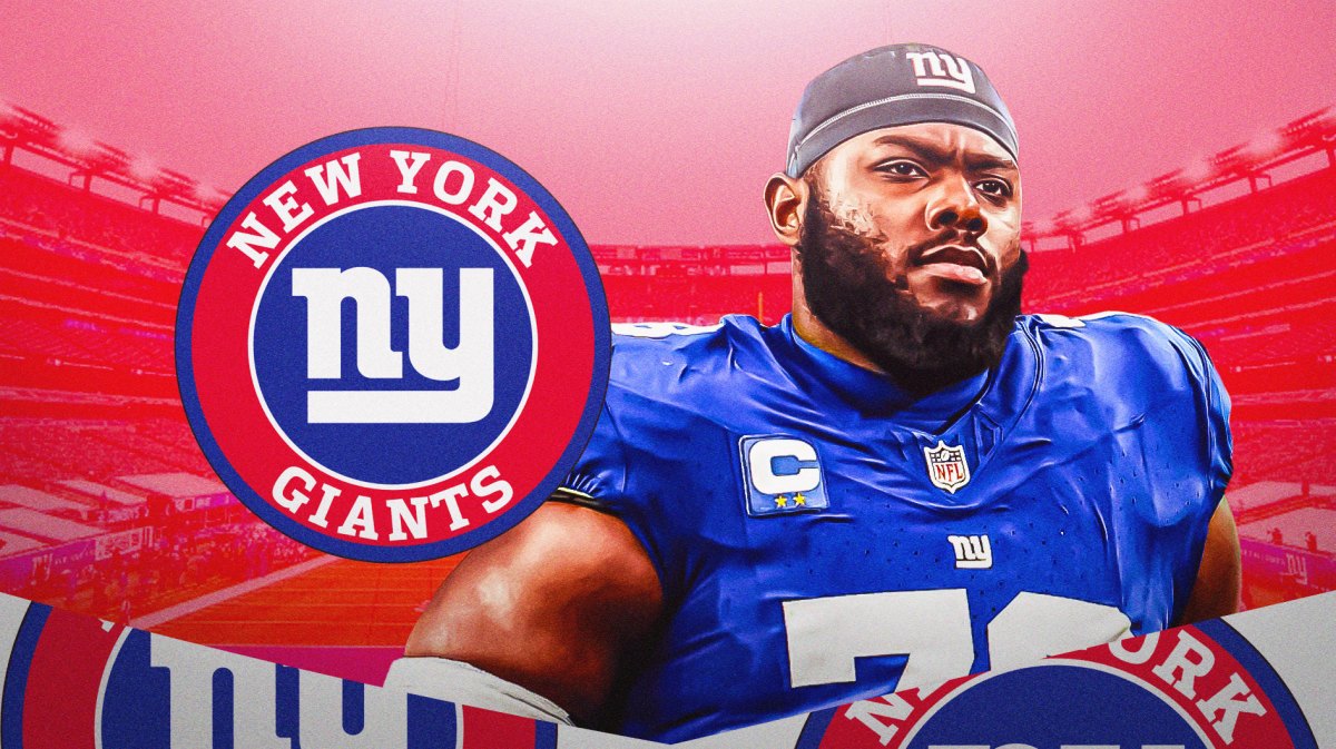 New York Giants logo on left side, New York Giants left tackle Andrew Thomas on right side, The Meadowlands (home stadium of the New York Giants) in the background