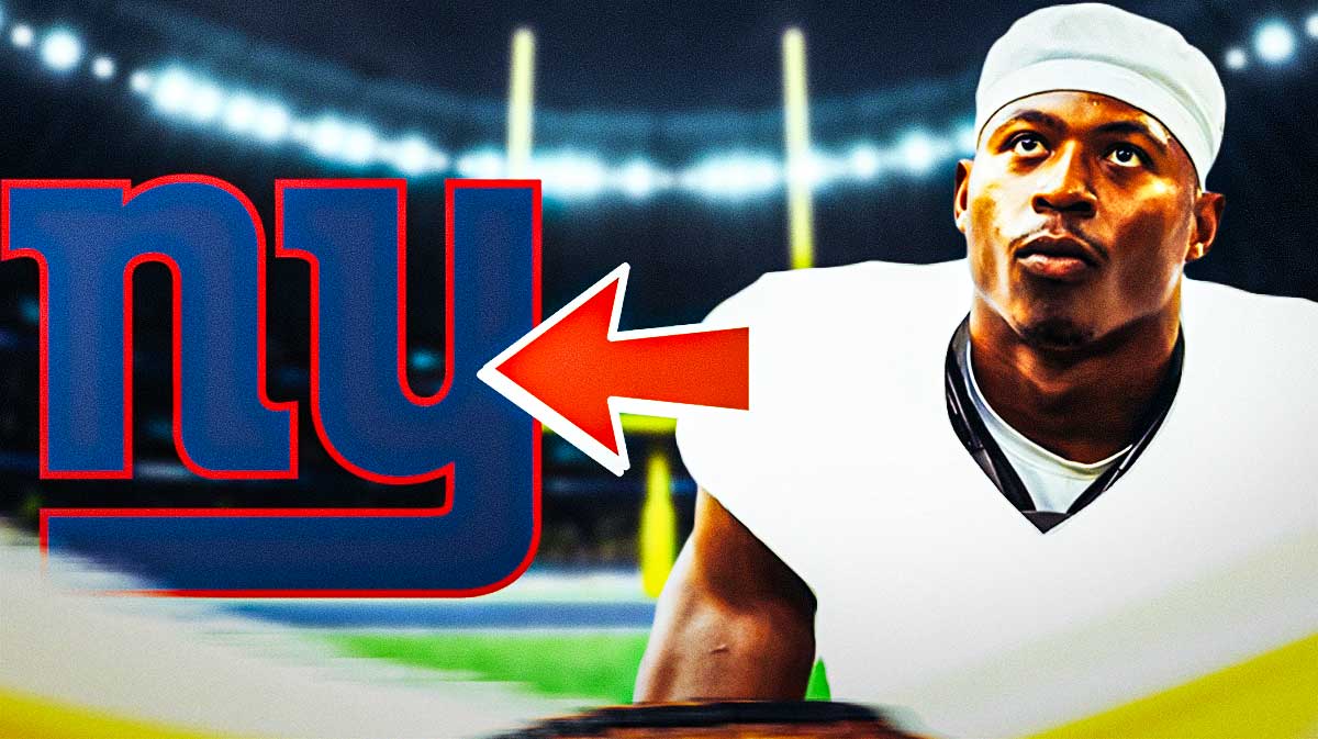 Joshua Kelley in a white jersey with an arrow pointing to the New York Giants logo.