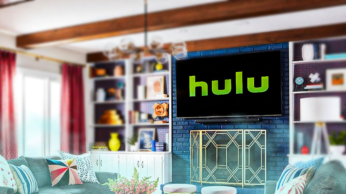 Hulu logo on TV in living room.