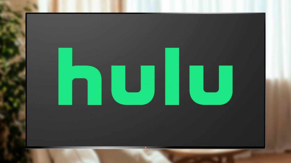 Hulu logo on TV in living room.