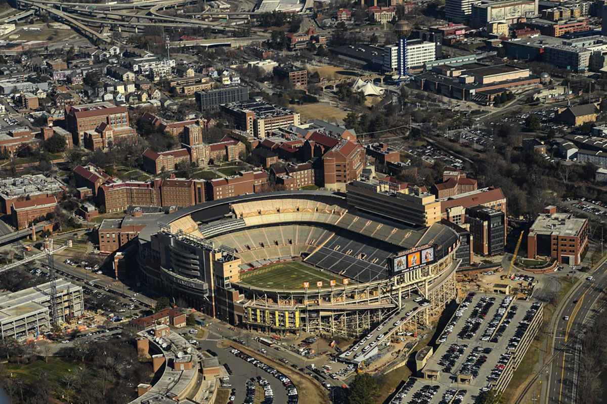 An aerial view of the University of Tennessee's Neyland Stadium from Cirrus' SR Series plane, Wednesday, Feb. 7, 2024. Mandatory Credit: © Hannah Mattix/News Sentinel / USA TODAY NETWORK