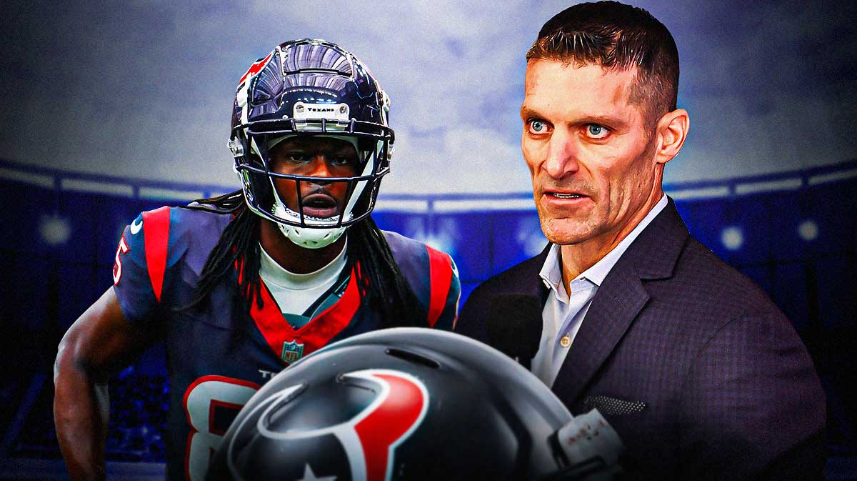 Nick Caserio in a suit, Noah Brown in a Texans jersey.