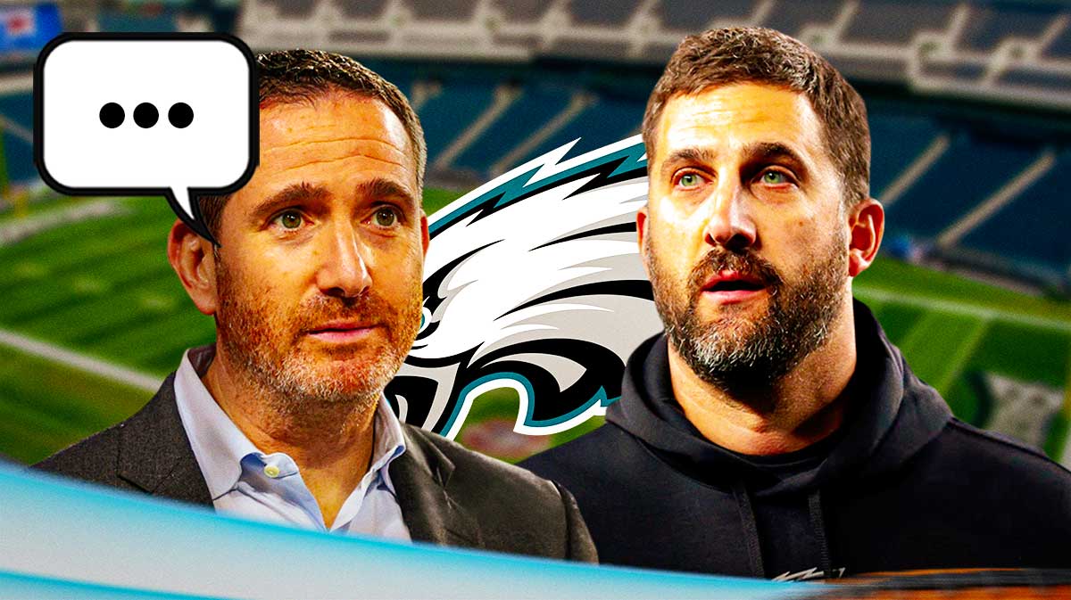 Philadelphia Eagles head coach Nick Sirianni and general manager Howie Roseman with a joint speech bubble with the three dots emoji inside. There is also a logo for the Philadelphia Eagles.