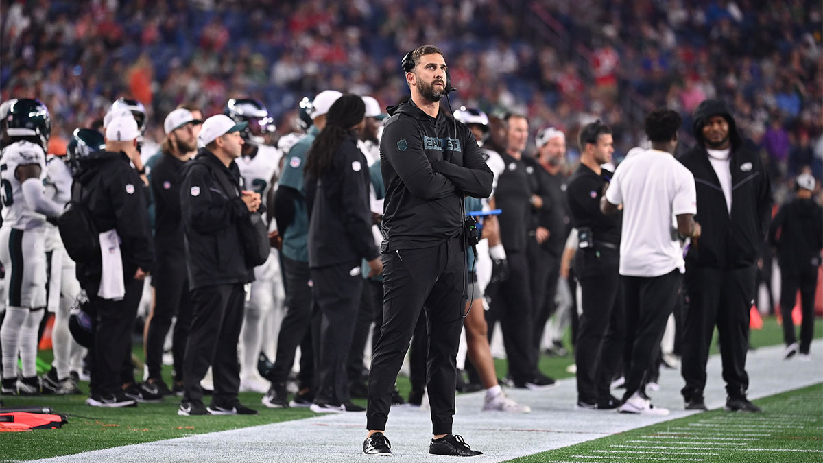 Philadelphia Eagles head coach Nick Sirianni watches the in stadium display during the first half against the New England Patriots at Gillette Stadium.