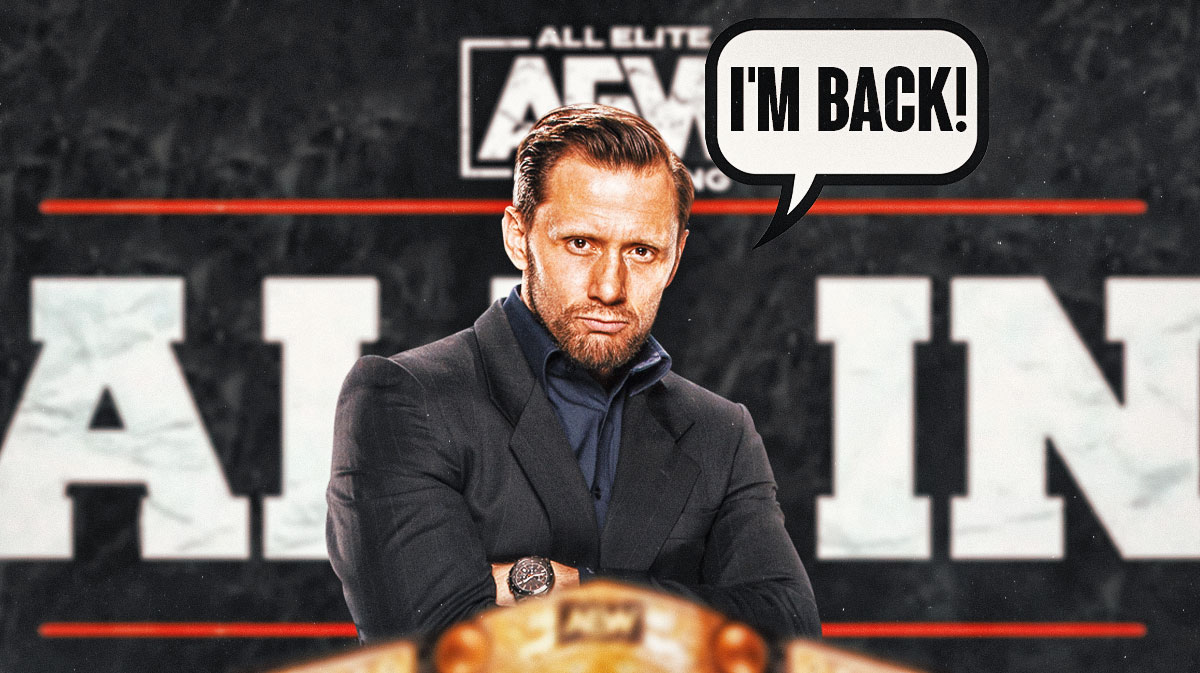 Nigel McGuinness with a text bubble reading "I'm back" with the AEW All In logo as the background.