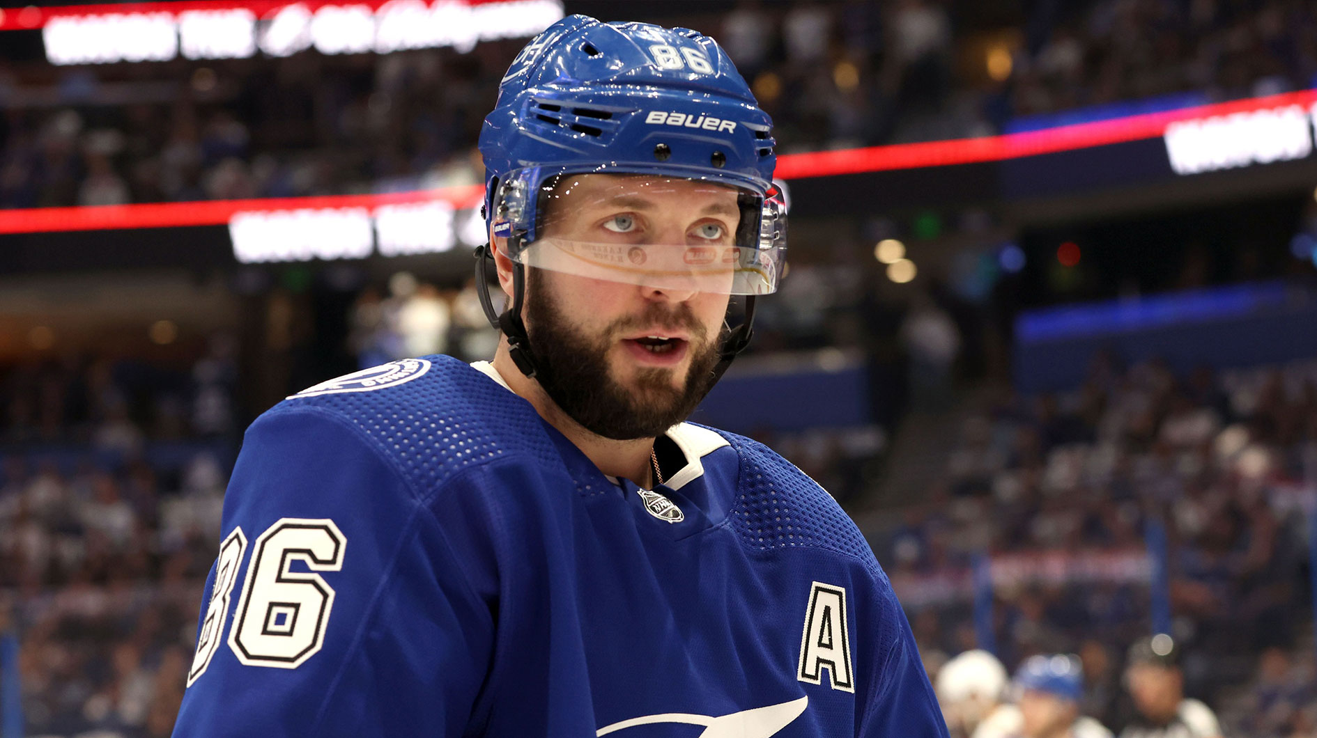 Tampa Bay Lightning right wing Nikita Kucherov (86) looks on against the Florida Panthers during the first period in game three of the first round of the 2024 Stanley Cup Playoffs at Amalie Arena.