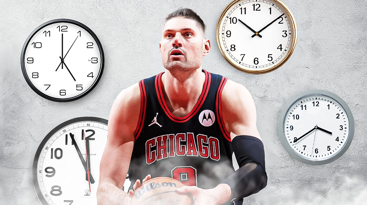 Bulls' Nikola Vucevic with clocks around him