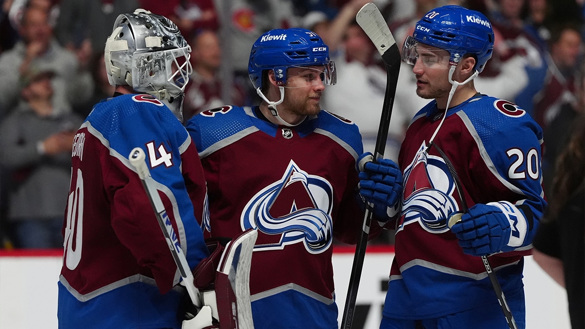 Colorado Avalanche goaltender Alexandar Georgiev (40) and forward Nikolai Kovalenko (51) and center Ross Colton (20) celebrate the win over the Winnipeg Jets following game four of the first round of the 2024 Stanley Cup Playoffs at Ball Arena.