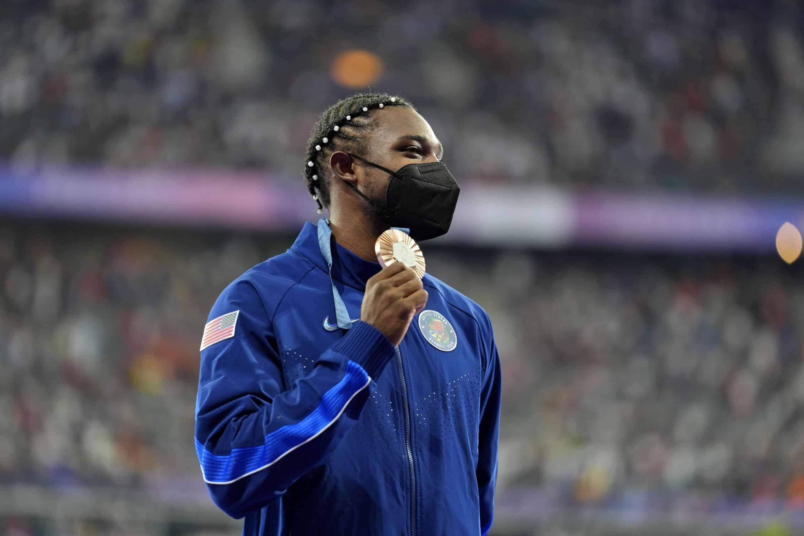 Noah Lyles (USA) celebrates his bronze medal in the menís 200m during the Paris 2024 Olympic Summer Games at Stade de France. 