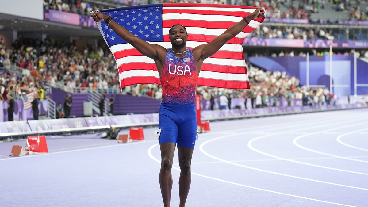 Noah Lyles (USA) celebrates after winning the men's 100m final during the Paris 2024 Olympic Summer Games