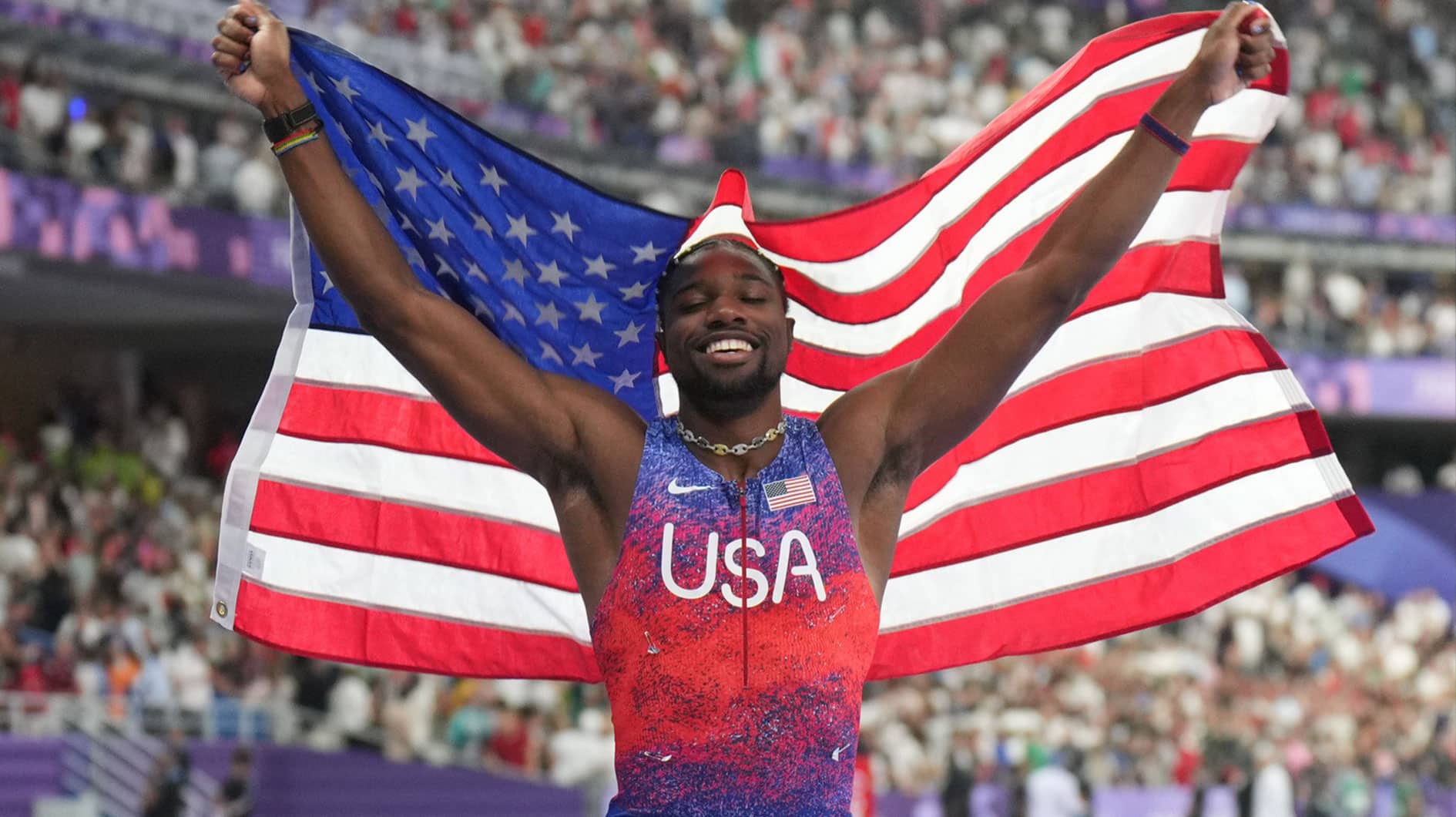 Noah Lyles (USA) celebrates after winning the men's 100m final during the Paris 2024 Olympic Summer Games at Stade de France. 