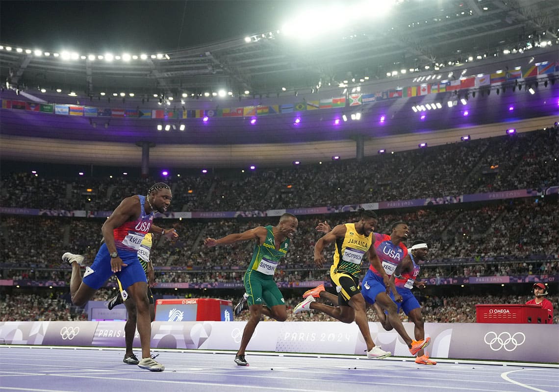 Noah Lyles (USA) defeats Kishane Thompson (JAM) and Fred Kerley (USA) to win the men's 100m final final during the Paris 2024 Olympic Summer Games at Stade de France.