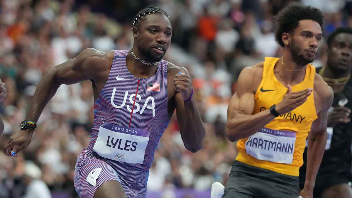 Noah Lyles (USA) races in the men's 200m semifinals during the Paris 2024 Olympic Summer Games at Stade de France.