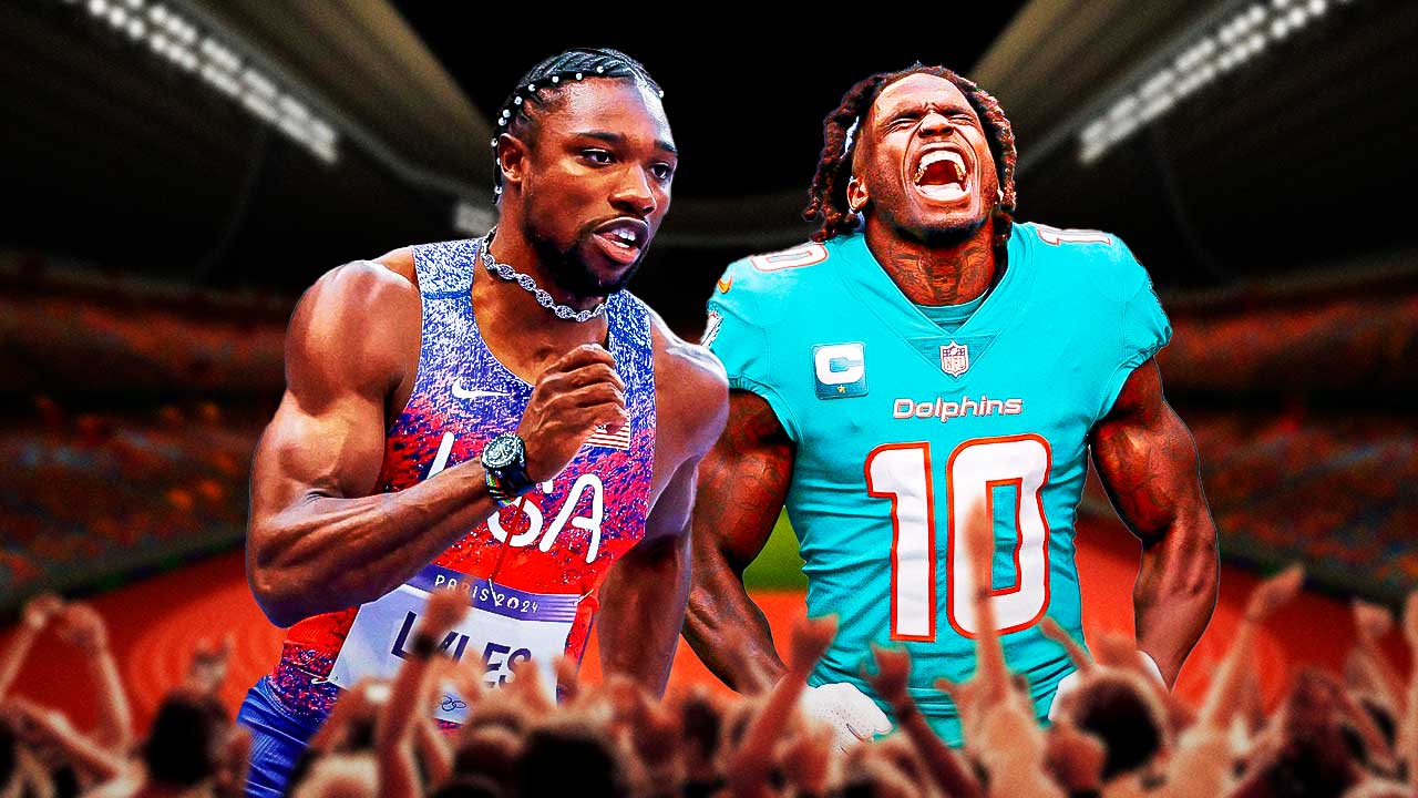 Noah Lyles in track gear and Tyreek Hill in a Dolphins jersey.